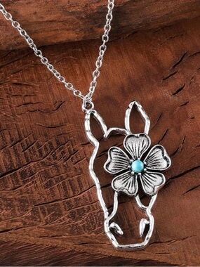 Silver Horse Outline Necklace with Turquoise Flower Accent